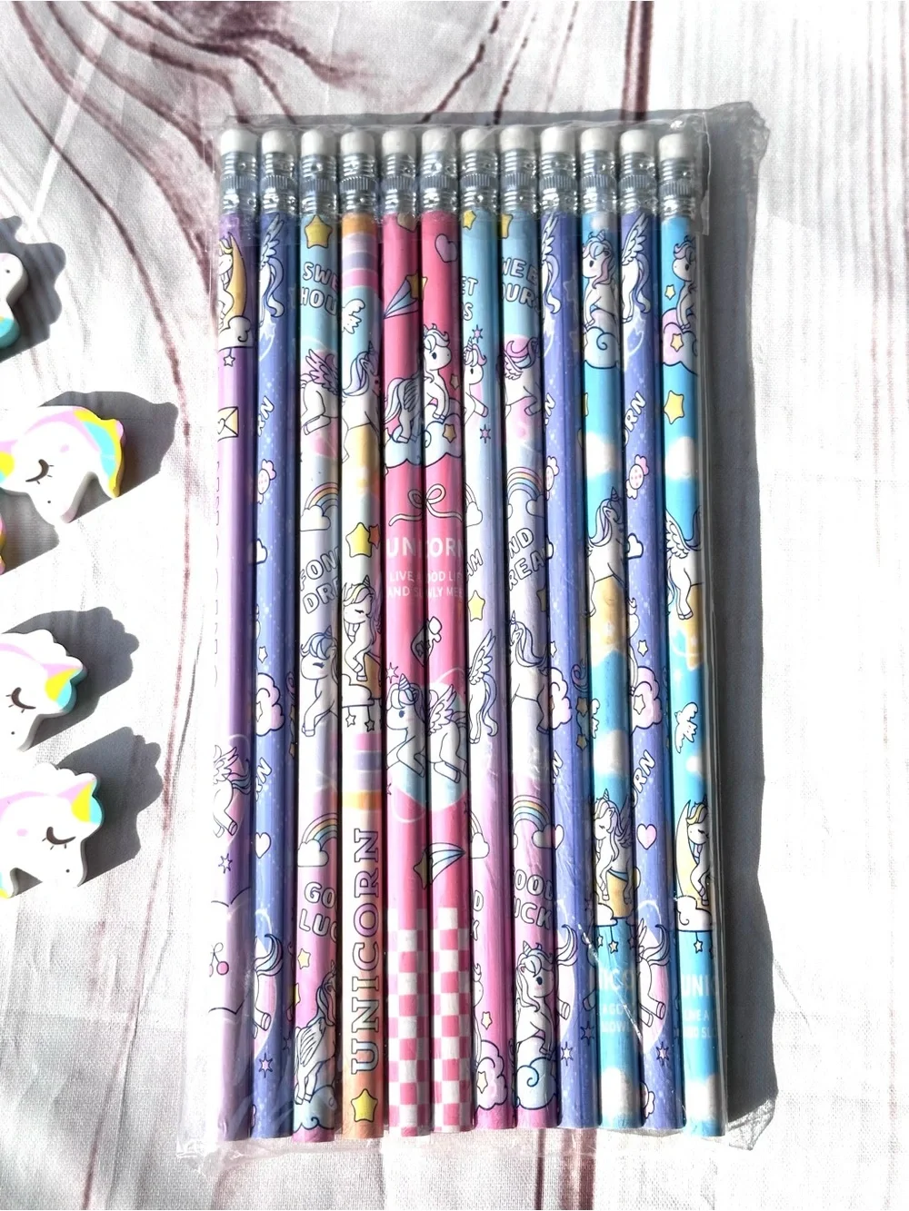 12 Rainbow Unicorn Pencil Set with Pastel Designs and Eraser Toppers